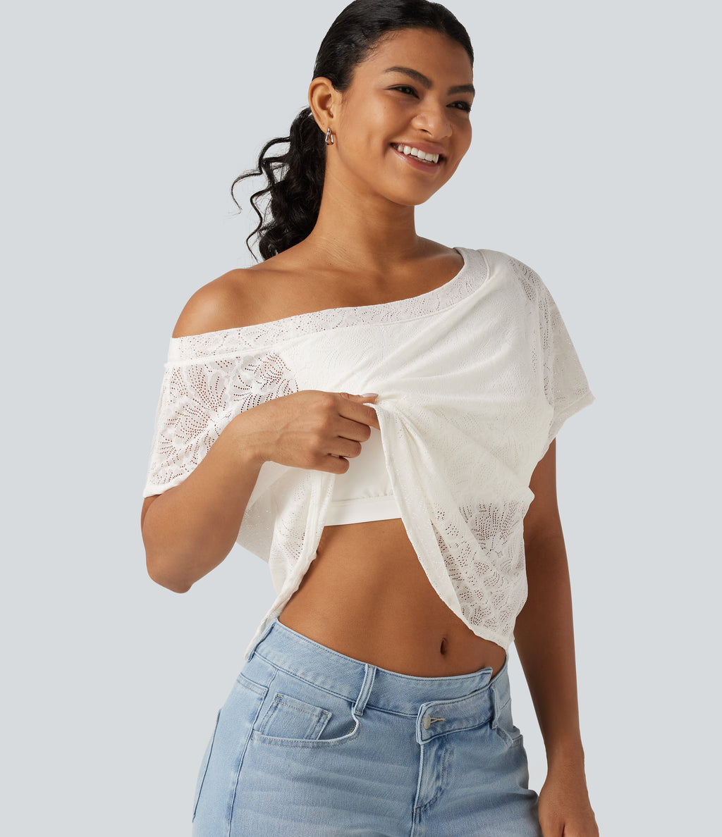 One Shoulder Short Sleeve Built-in Bra Curved Hem High Low Lace Casual Top — White — view 1