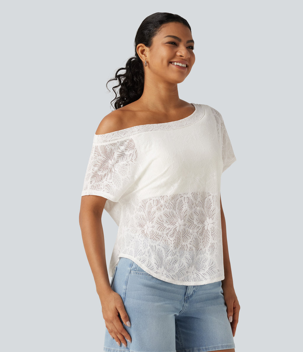 One Shoulder Short Sleeve Built-in Bra Curved Hem High Low Lace Casual Top — White — view 4