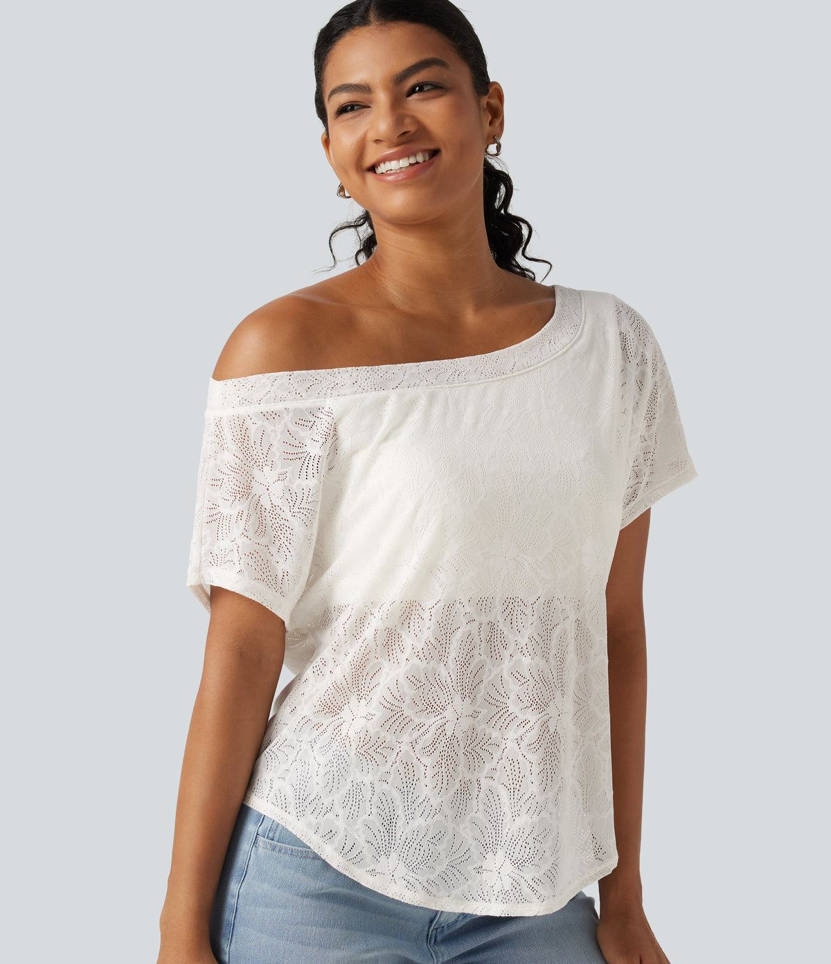 One Shoulder Short Sleeve Built-in Bra Curved Hem High Low Lace Casual Top — White — view 5