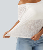 One Shoulder Short Sleeve Built-in Bra Curved Hem High Low Lace Casual Top — White — view 6
