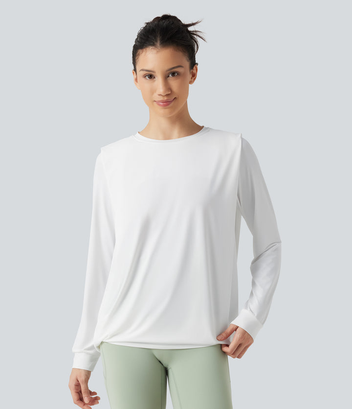 Round Neck Long Sleeve Ruched InstantCool Yoga Sports Top-Longer Length-UPF50+ — White — view 1