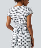 V Neck Short Sleeve Tie Side Polka Dot Midi Casual Dress with Pockets — Inverse Dotty — view 5