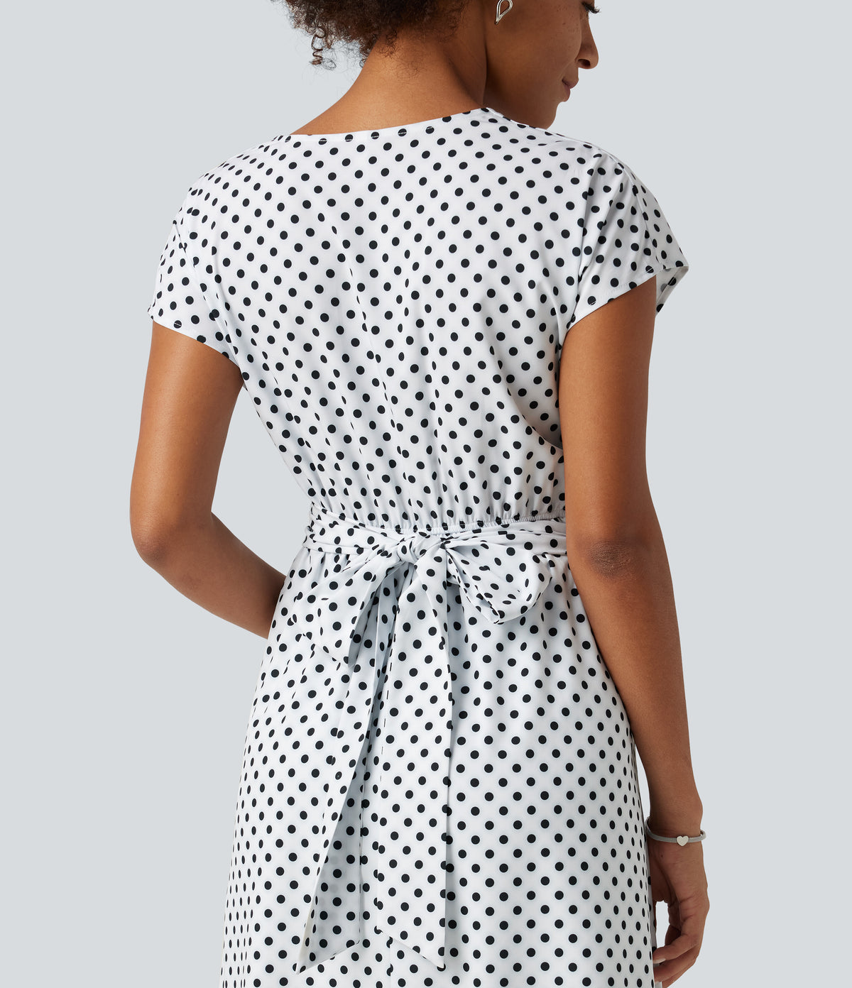 V Neck Short Sleeve Tie Side Polka Dot Midi Casual Dress with Pockets — Inverse Dotty — view 5
