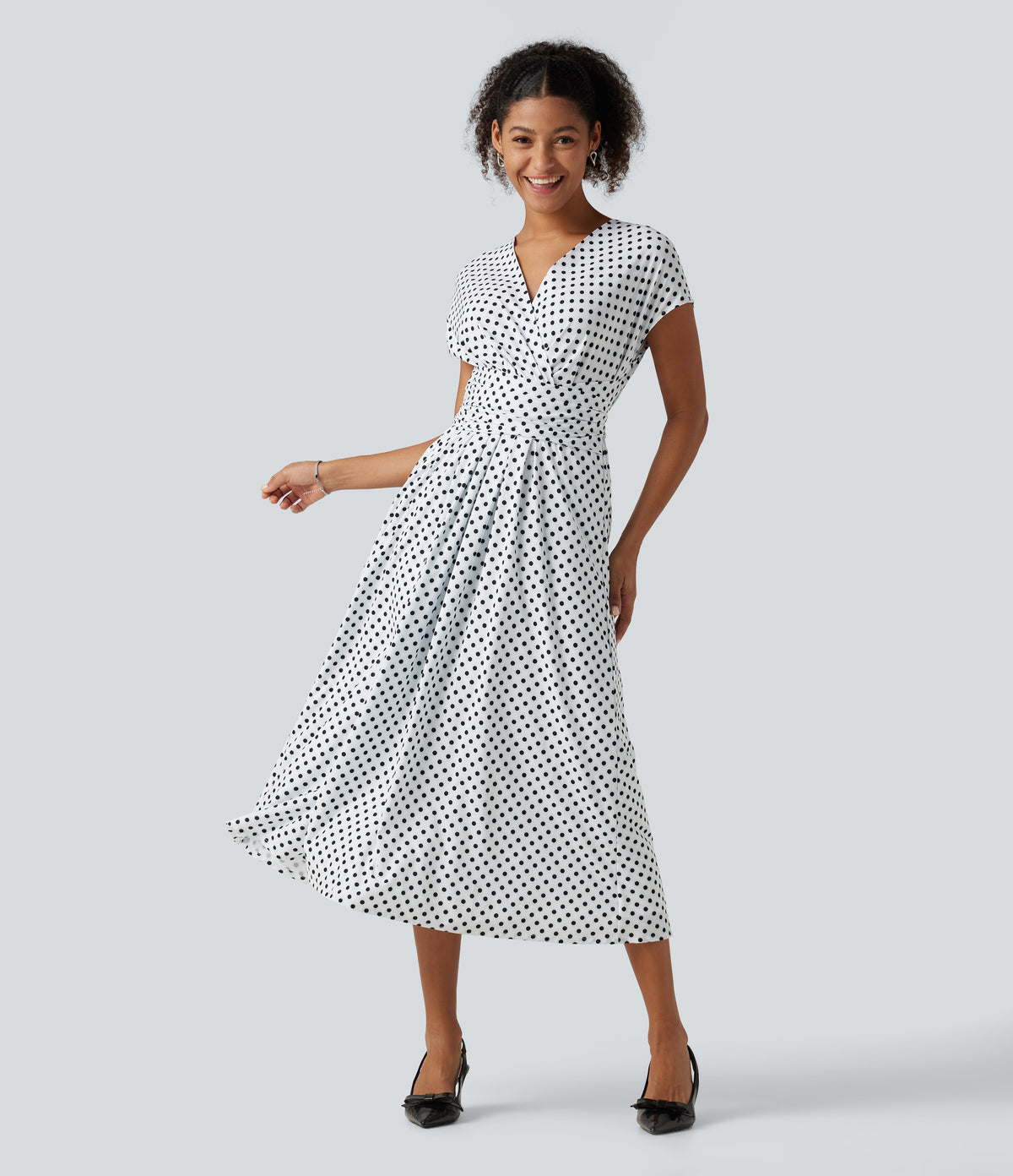 V Neck Short Sleeve Tie Side Polka Dot Midi Casual Dress with Pockets — Inverse Dotty — view 1