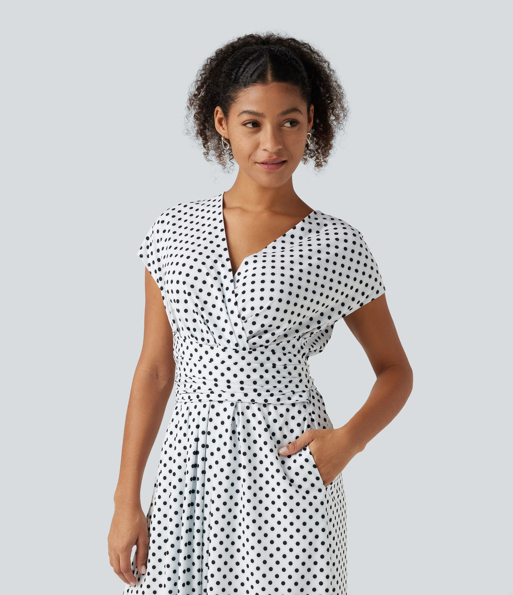 V Neck Short Sleeve Tie Side Polka Dot Midi Casual Dress with Pockets — Inverse Dotty — view 4