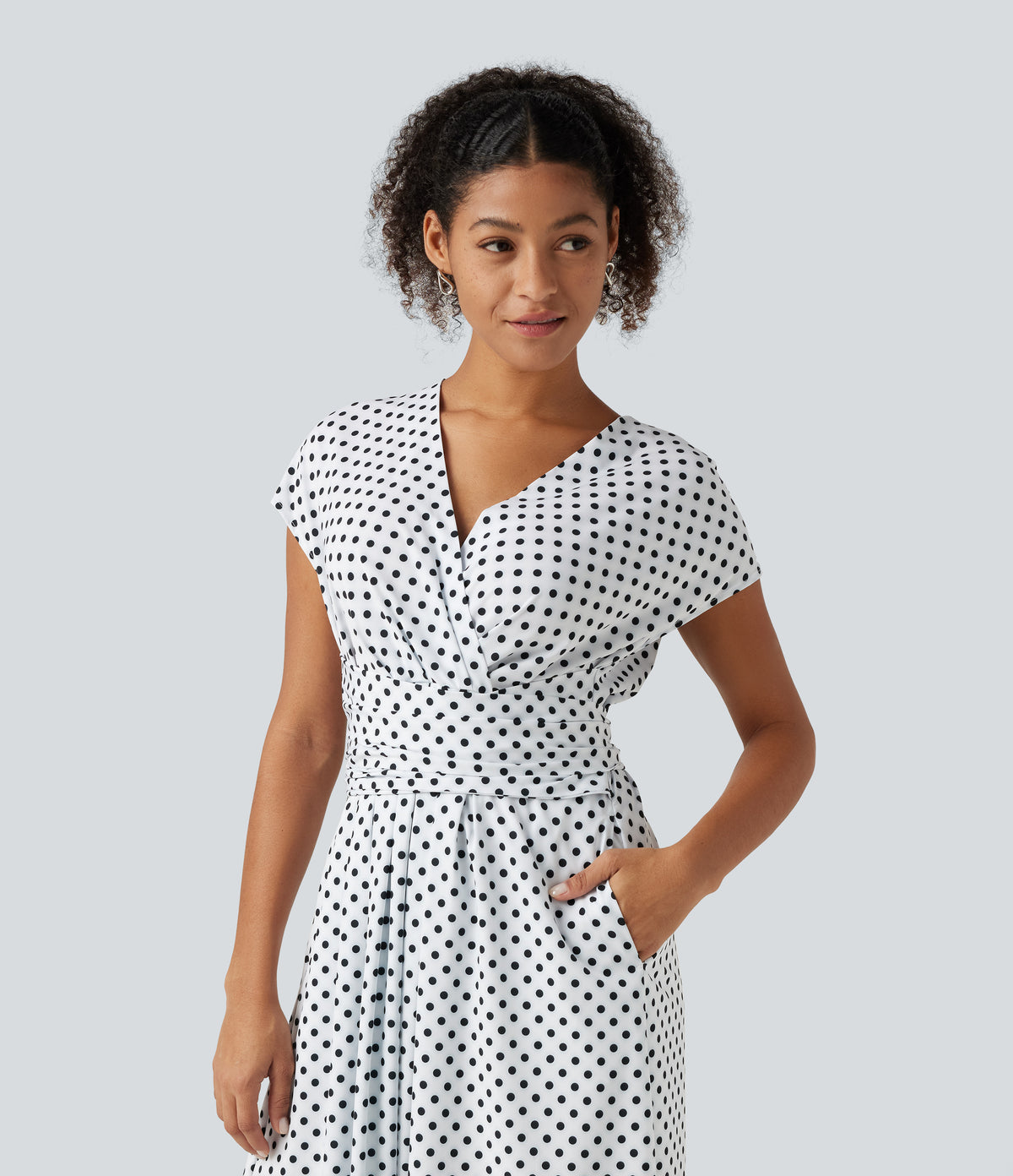 V Neck Short Sleeve Tie Side Polka Dot Midi Casual Dress with Pockets — Inverse Dotty — view 4