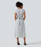 V Neck Short Sleeve Tie Side Polka Dot Midi Casual Dress with Pockets — Inverse Dotty — view 2