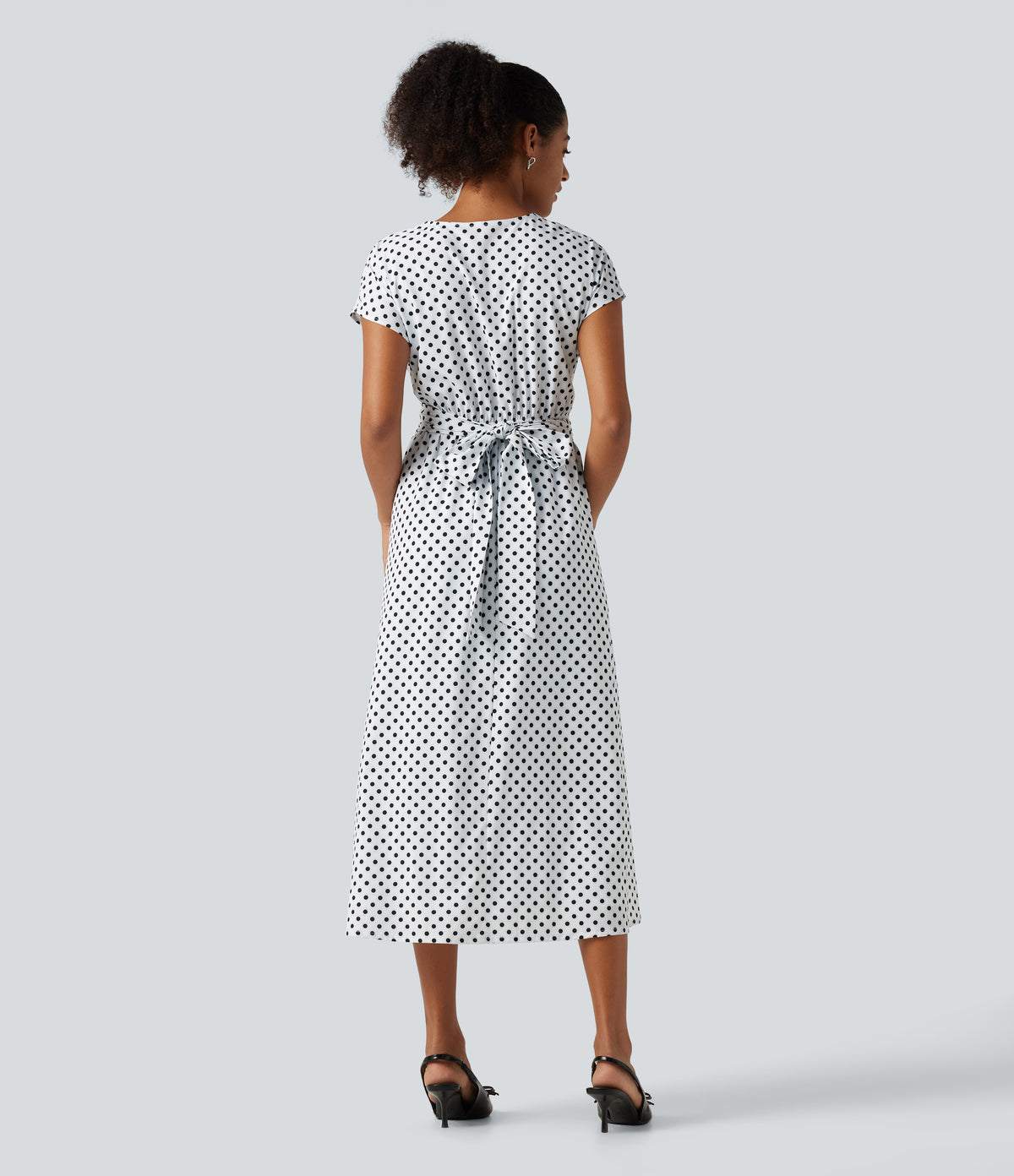 V Neck Short Sleeve Tie Side Polka Dot Midi Casual Dress with Pockets — Inverse Dotty — view 2