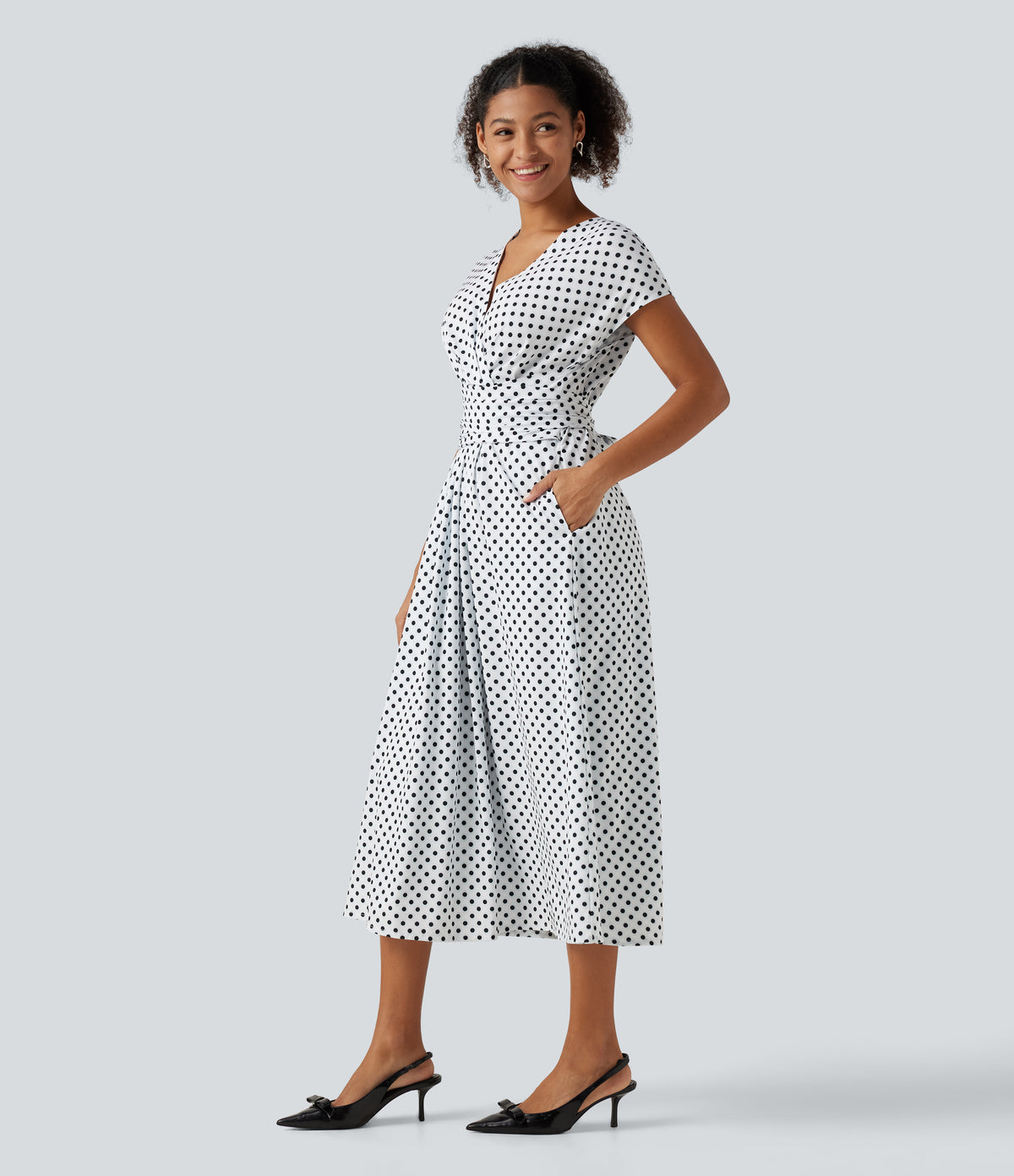 V Neck Short Sleeve Tie Side Polka Dot Midi Casual Dress with Pockets — Inverse Dotty — view 3