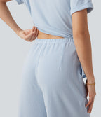Short Sleeve Wrapped Tie Back Stripe Crinkle Cotton Casual Shirt Jumpsuit with Pockets-Edition — Cloud Weave Light Blue Stripe — view 8