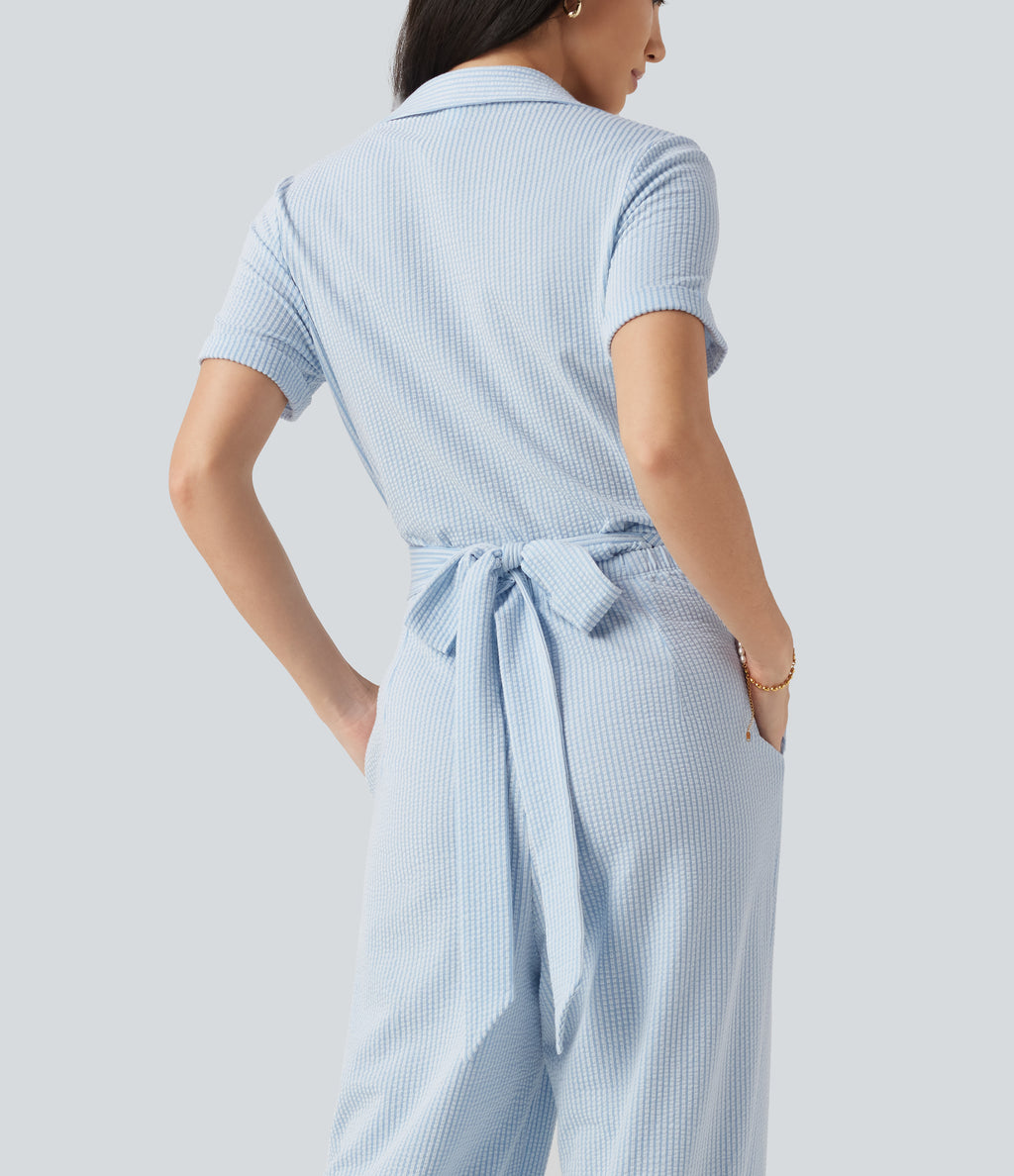 Short Sleeve Wrapped Tie Back Stripe Crinkle Cotton Casual Shirt Jumpsuit with Pockets-Edition — Cloud Weave Light Blue Stripe — view 6