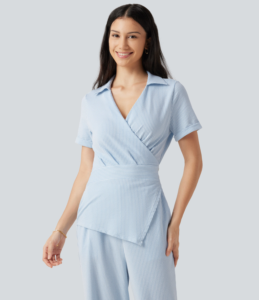 Short Sleeve Wrapped Tie Back Stripe Crinkle Cotton Casual Shirt Jumpsuit with Pockets-Edition — Cloud Weave Light Blue Stripe — view 5