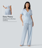 Short Sleeve Wrapped Tie Back Stripe Crinkle Cotton Casual Shirt Jumpsuit with Pockets-Edition — Cloud Weave Light Blue Stripe — view 1