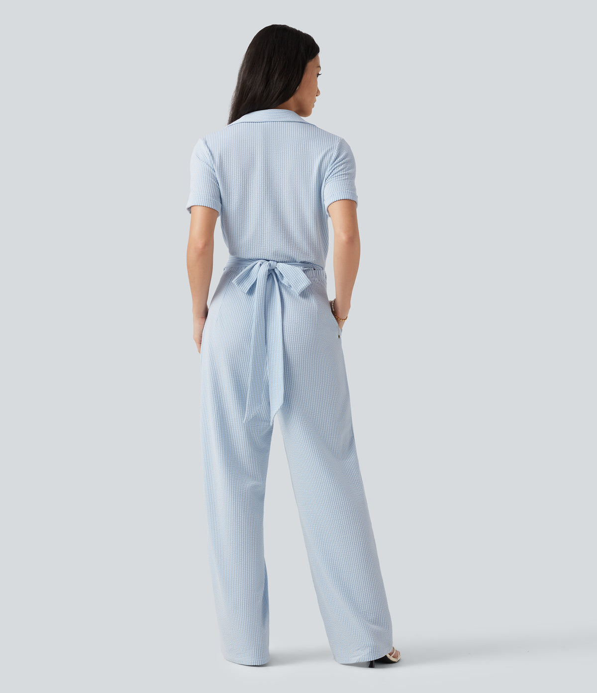 Short Sleeve Wrapped Tie Back Stripe Crinkle Cotton Casual Shirt Jumpsuit with Pockets-Edition — Cloud Weave Light Blue Stripe — view 2