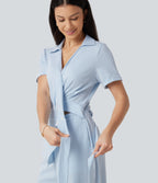 Short Sleeve Wrapped Tie Back Stripe Crinkle Cotton Casual Shirt Jumpsuit with Pockets-Edition — Cloud Weave Light Blue Stripe — view 4