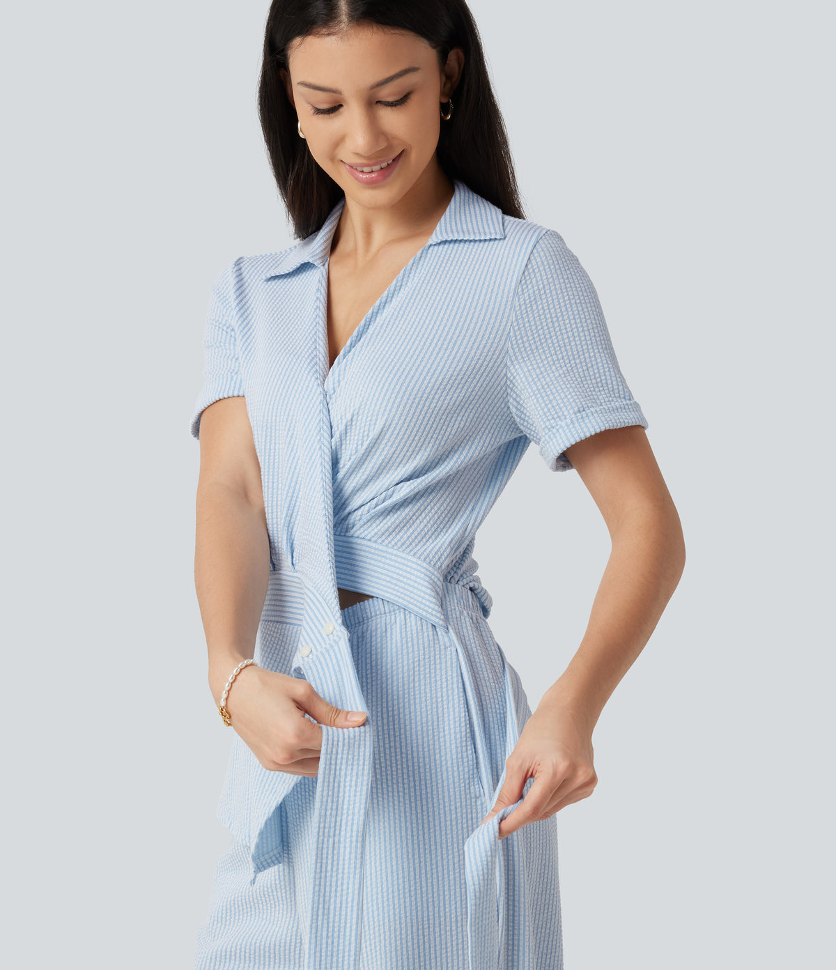 Short Sleeve Wrapped Tie Back Stripe Crinkle Cotton Casual Shirt Jumpsuit with Pockets-Edition — Cloud Weave Light Blue Stripe — view 4