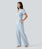 Short Sleeve Wrapped Tie Back Stripe Crinkle Cotton Casual Shirt Jumpsuit with Pockets-Edition — Cloud Weave Light Blue Stripe — view 3