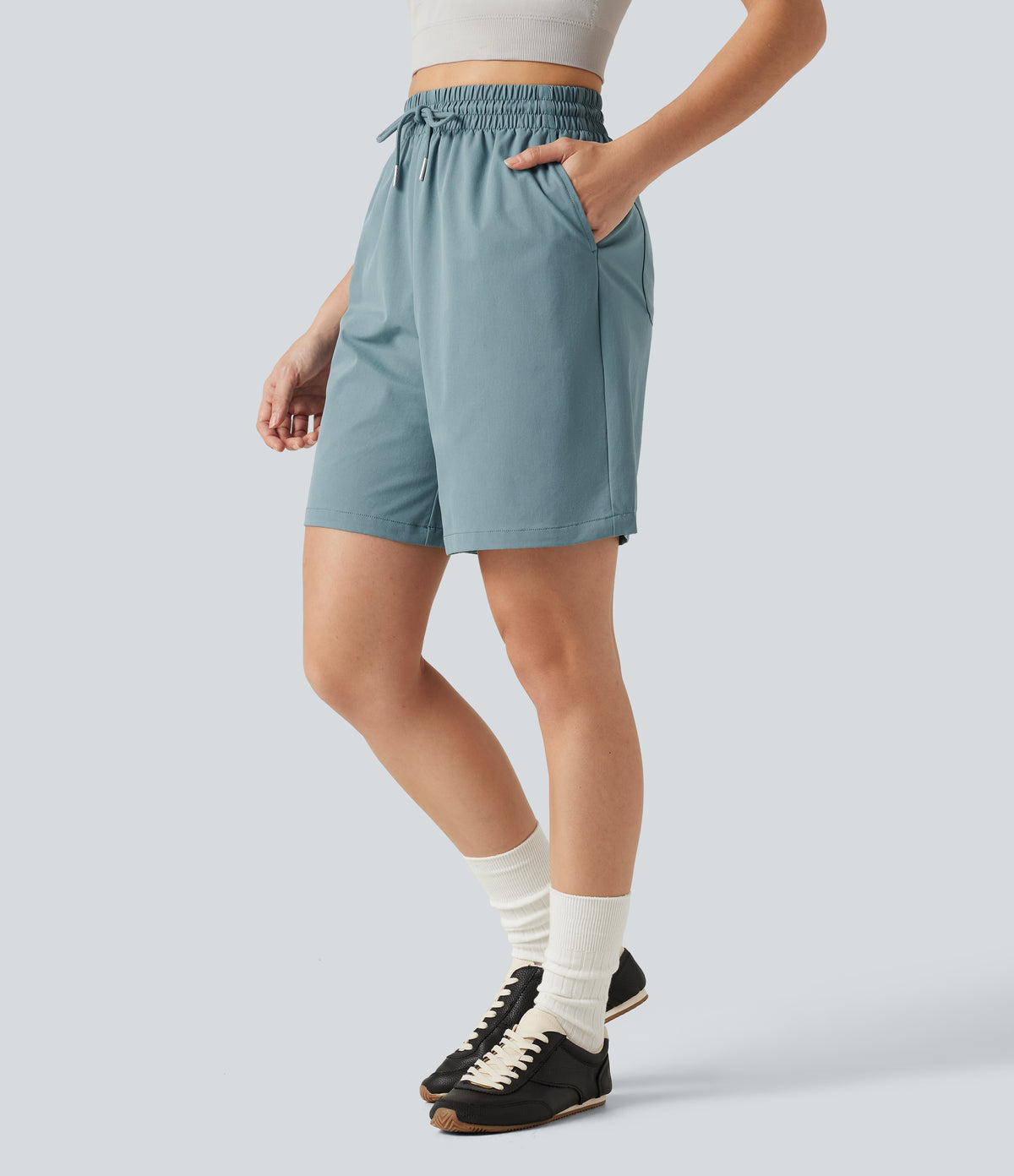 High Waisted Drawstring Bermuda Stretchy Poplin Workout Shorts 7'' with Pockets — Stone Blue — view 3