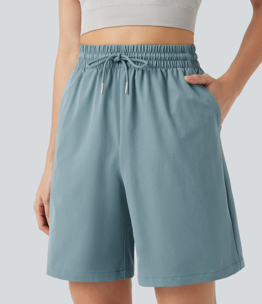 High Waisted Drawstring Bermuda Stretchy Poplin Workout Shorts 7'' with Pockets — Stone Blue — view 4