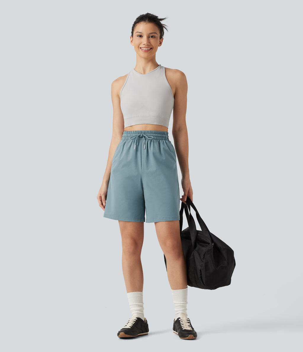 High Waisted Drawstring Bermuda Stretchy Poplin Workout Shorts 7'' with Pockets — Stone Blue — view 6