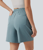 High Waisted Drawstring Bermuda Stretchy Poplin Workout Shorts 7'' with Pockets — Stone Blue — view 5