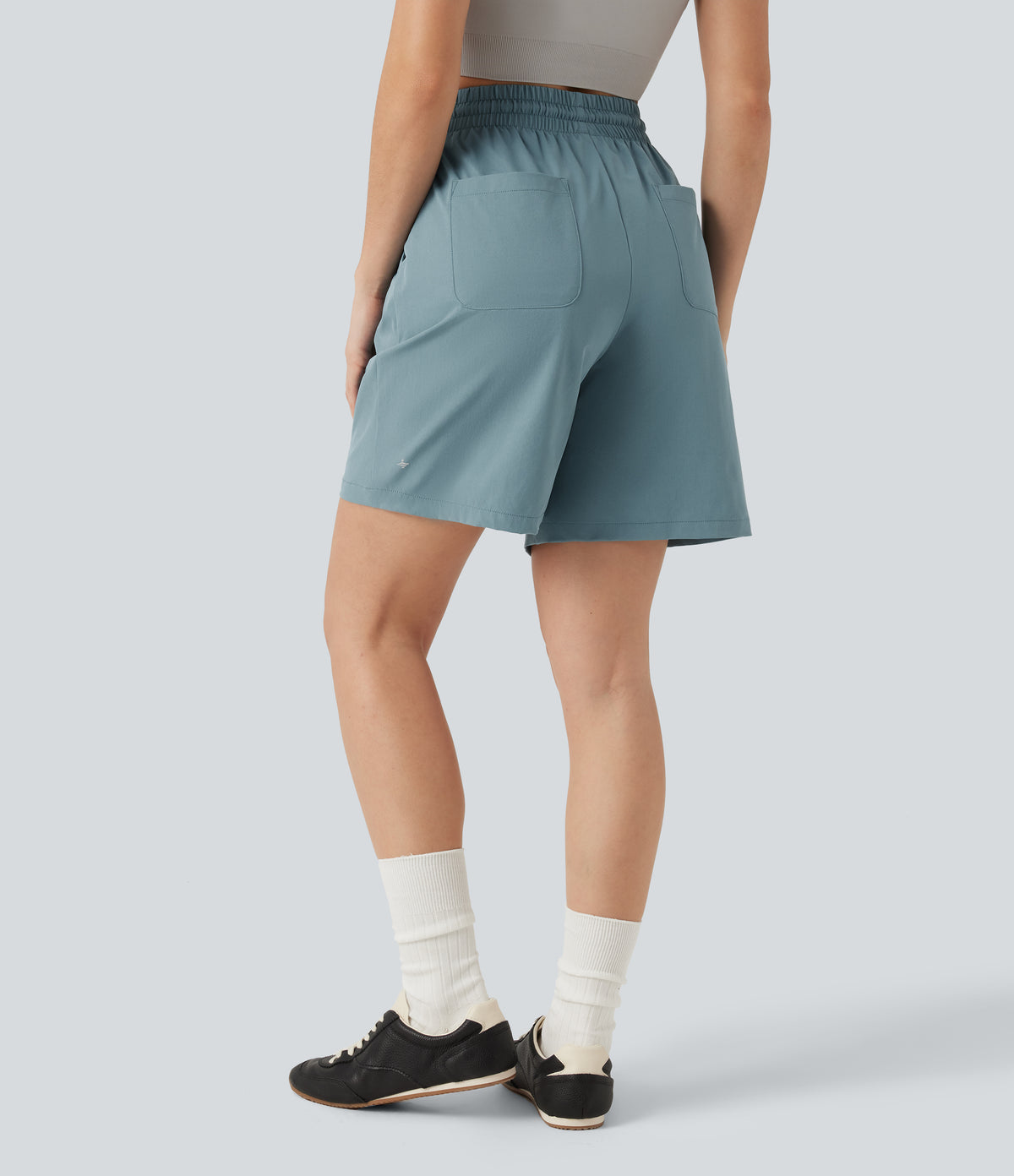 High Waisted Drawstring Bermuda Stretchy Poplin Workout Shorts 7'' with Pockets — Stone Blue — view 2