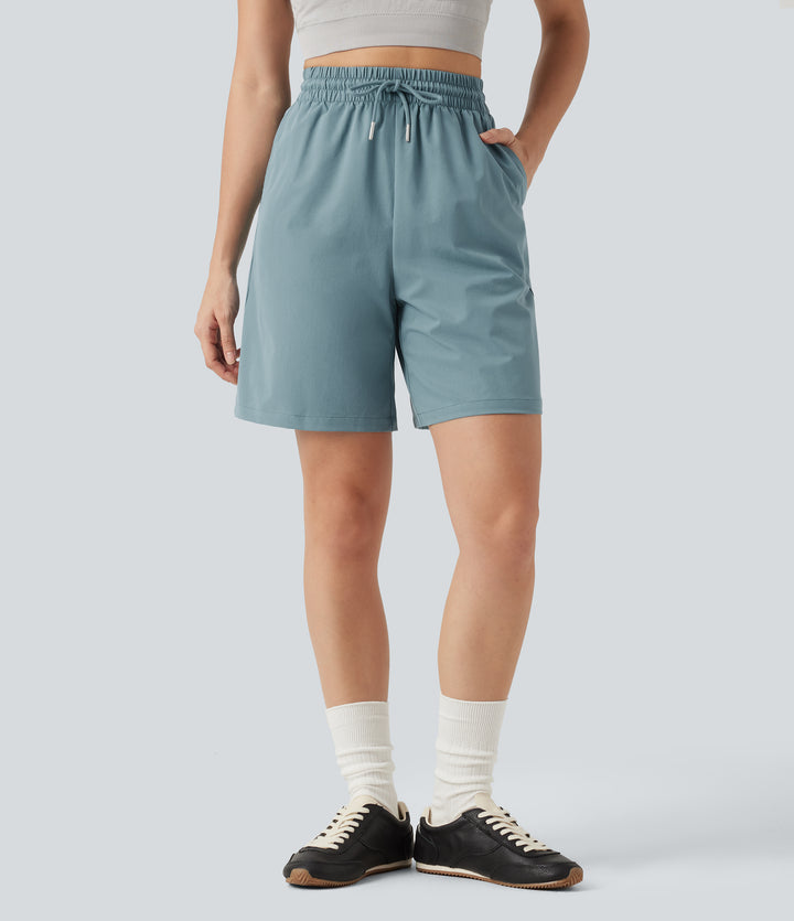 High Waisted Drawstring Bermuda Stretchy Poplin Workout Shorts 7'' with Pockets — Stone Blue — view 1
