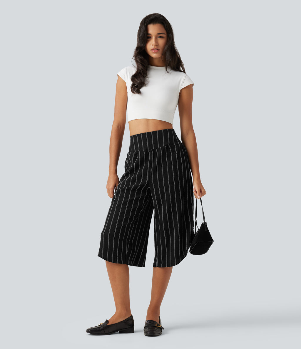 High Waisted Curved Hem Stripe Capri Casual Trousers with Pockets — Night Dual Stripe — view 8