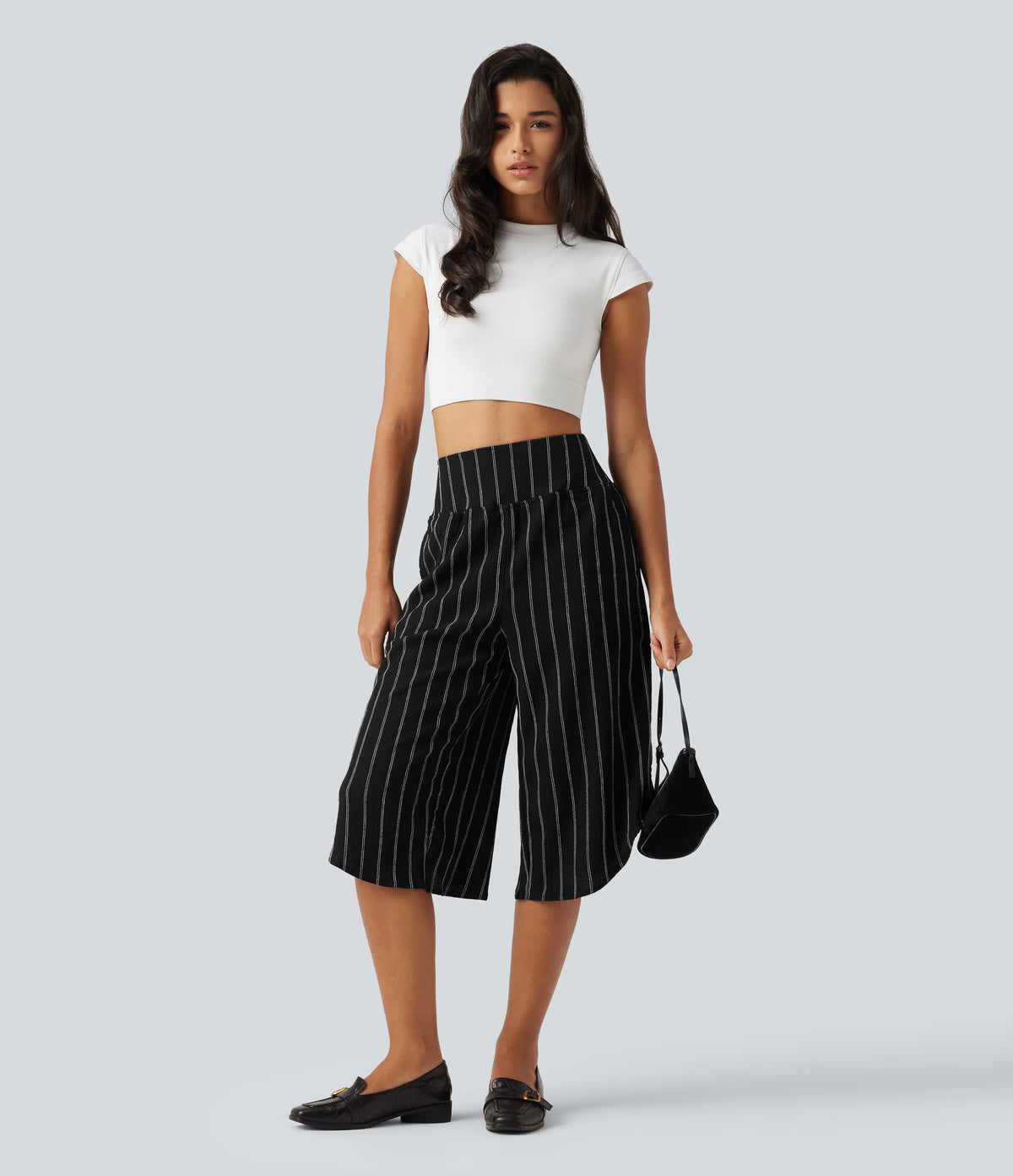 High Waisted Curved Hem Stripe Capri Casual Trousers with Pockets — Night Dual Stripe — view 8