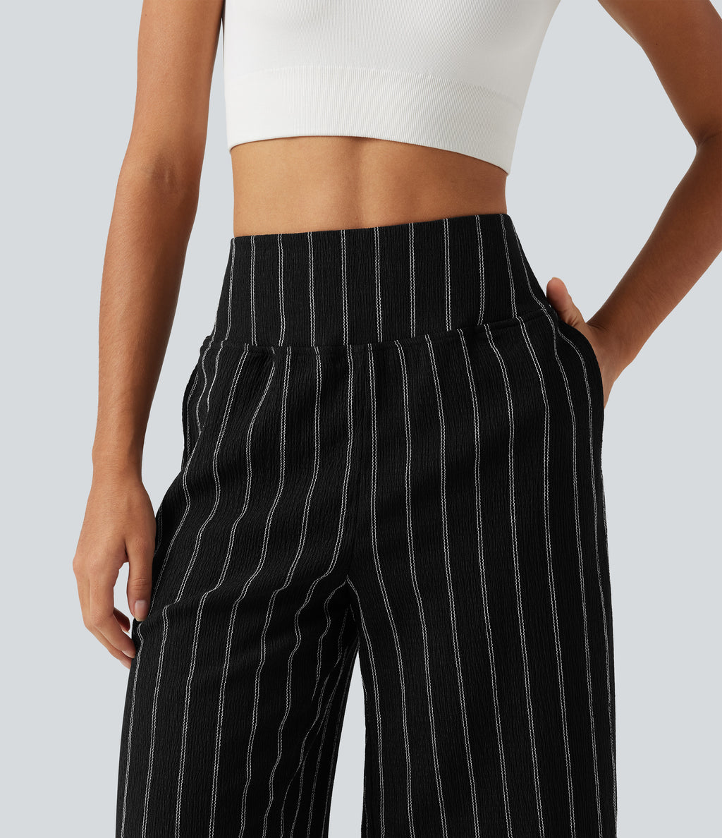 High Waisted Curved Hem Stripe Capri Casual Trousers with Pockets — Night Dual Stripe — view 5