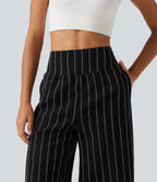 High Waisted Curved Hem Stripe Capri Casual Trousers with Pockets — Night Dual Stripe — view 5