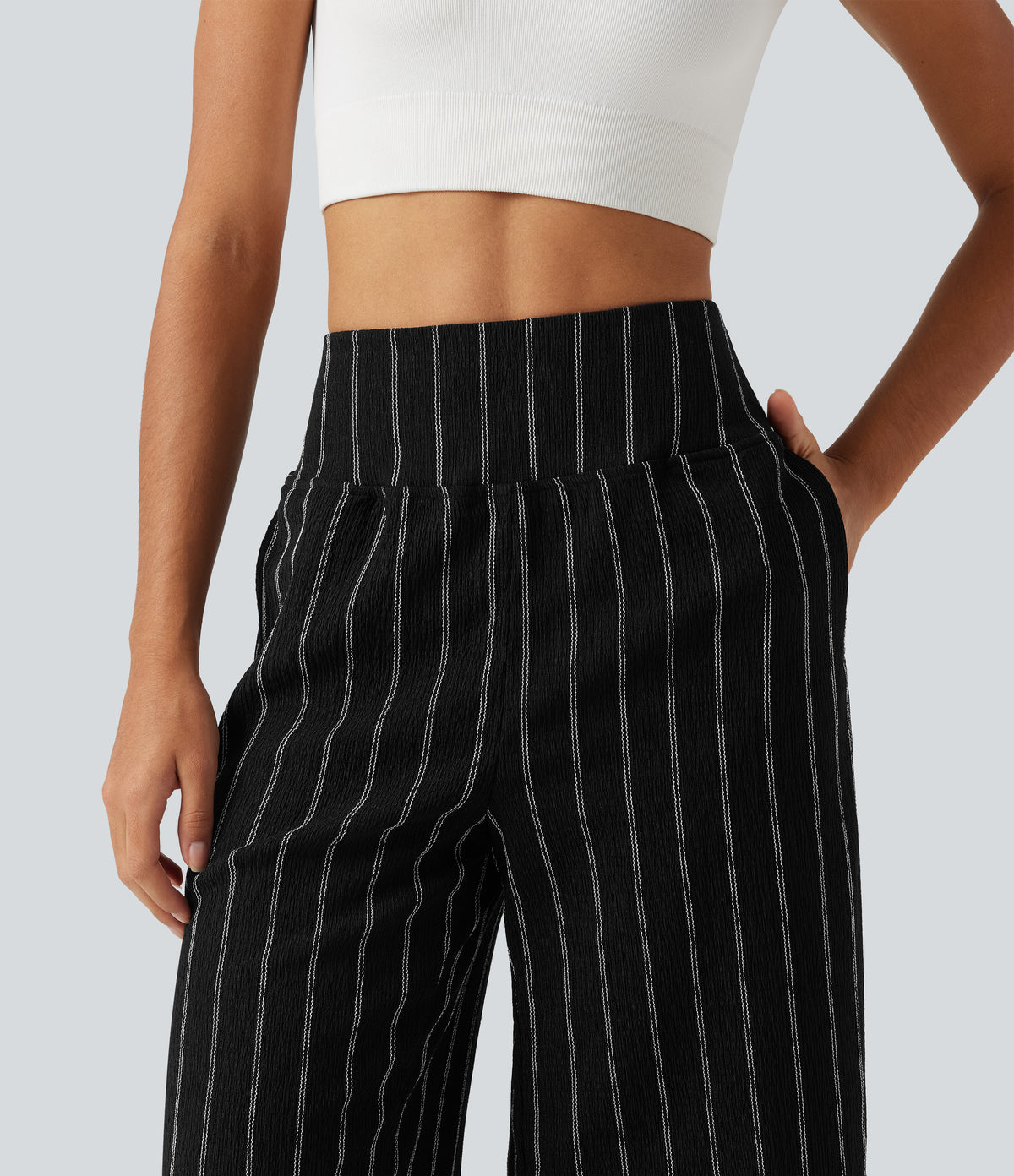 High Waisted Curved Hem Stripe Capri Casual Trousers with Pockets — Night Dual Stripe — view 5