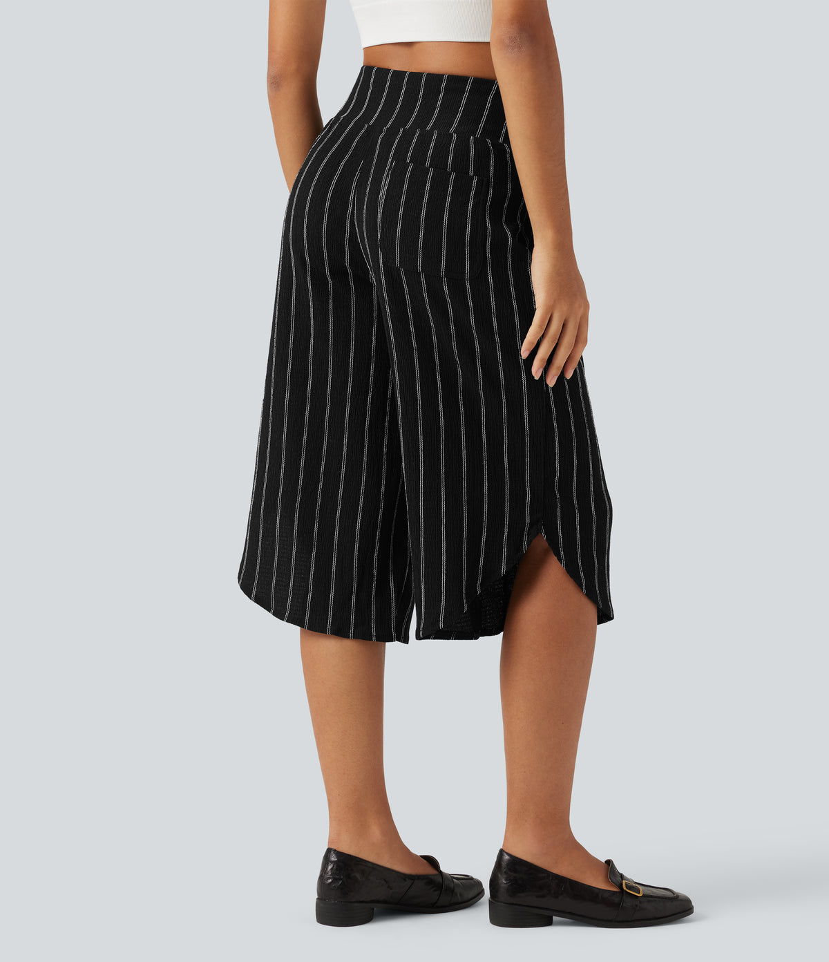 High Waisted Curved Hem Stripe Capri Casual Trousers with Pockets — Night Dual Stripe — view 1