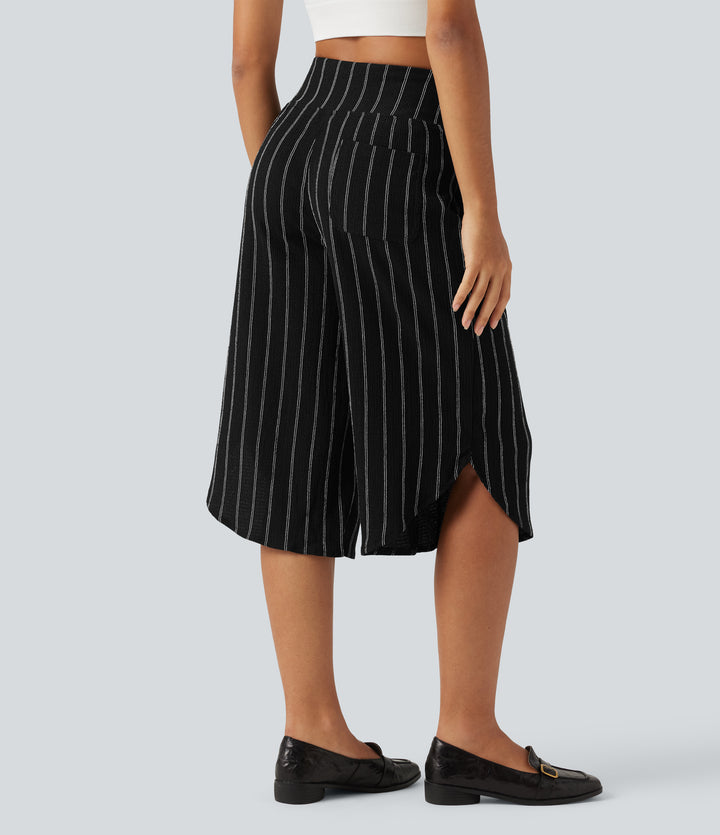 High Waisted Curved Hem Stripe Capri Casual Trousers with Pockets — Night Dual Stripe — view 1