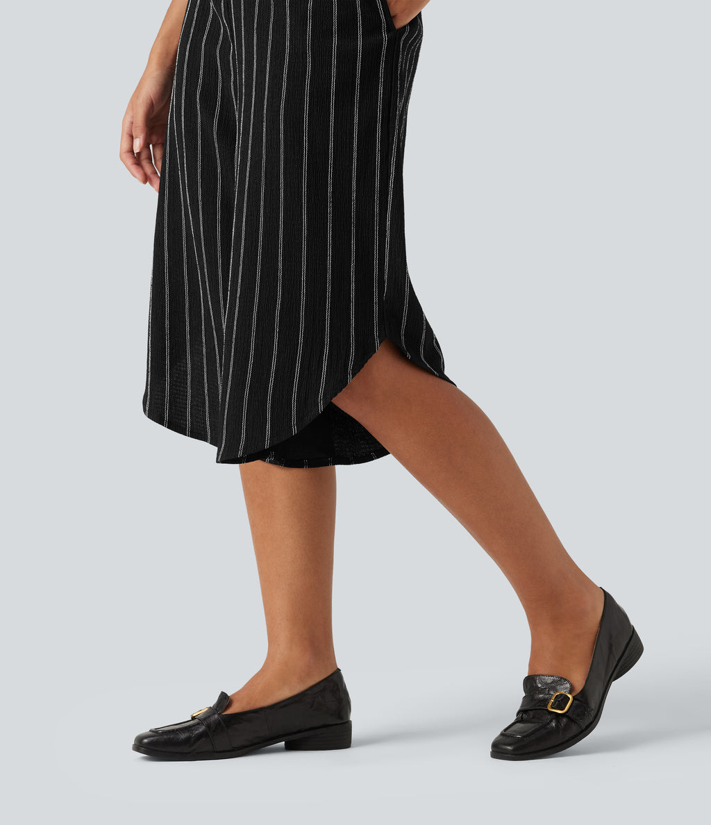 High Waisted Curved Hem Stripe Capri Casual Trousers with Pockets — Night Dual Stripe — view 6