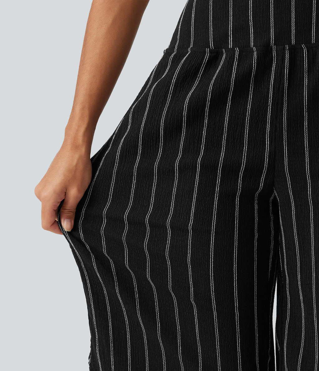 High Waisted Curved Hem Stripe Capri Casual Trousers with Pockets — Night Dual Stripe — view 7