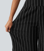 High Waisted Curved Hem Stripe Capri Casual Trousers with Pockets — Night Dual Stripe — view 7
