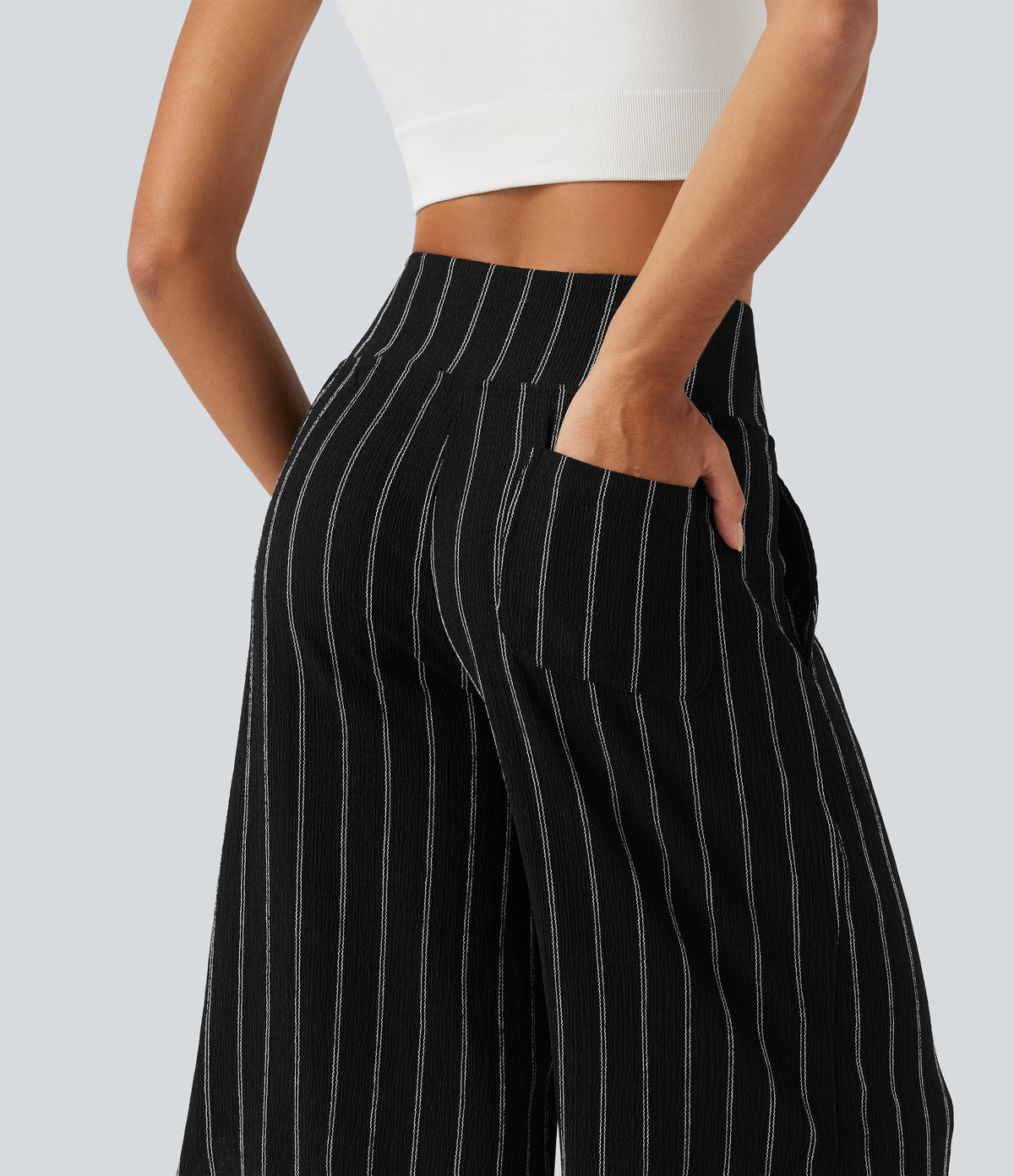 High Waisted Curved Hem Stripe Capri Casual Trousers with Pockets — Night Dual Stripe — view 4