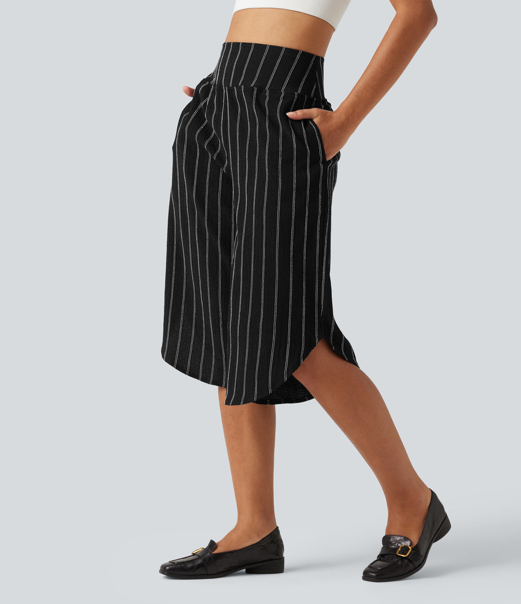 High Waisted Curved Hem Stripe Capri Casual Trousers with Pockets — Night Dual Stripe — view 2
