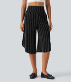 High Waisted Curved Hem Stripe Capri Casual Trousers with Pockets — Night Dual Stripe — view 3