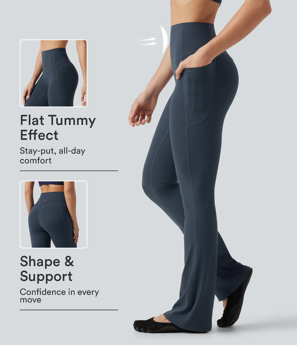 High Waisted Tummy Control Shaping Bootcut Yoga Leggings with Pockets — Carbon — view 1