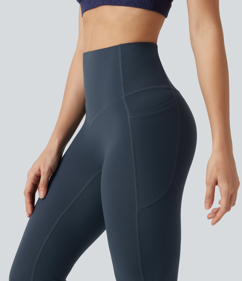 High Waisted Tummy Control Shaping Bootcut Yoga Leggings with Pockets — Carbon — view 7