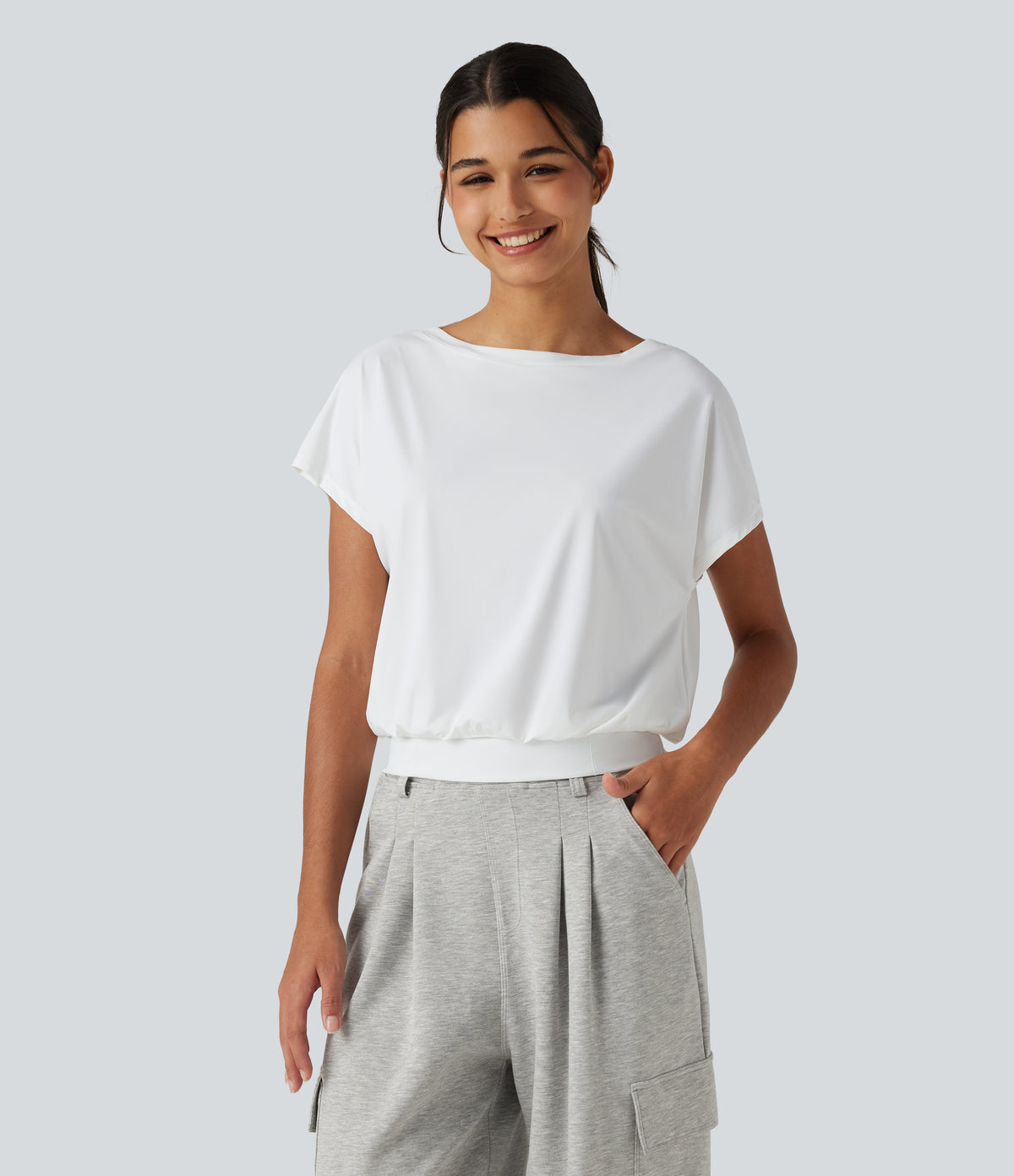 Round Neck Short Sleeve InstantCool Quick Dry Yoga Sports Top — White — view 4