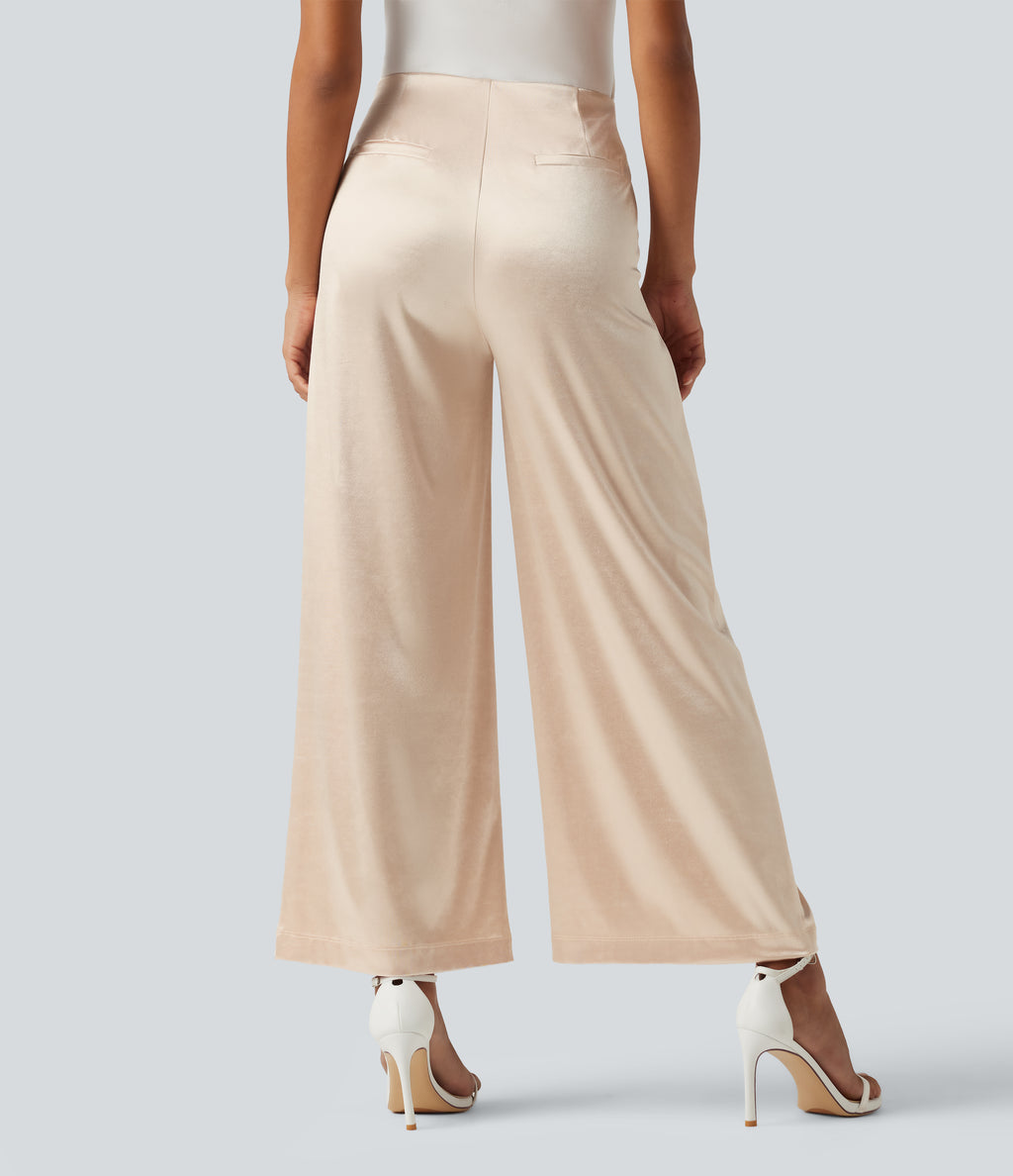 High Waisted Wide Leg Satin Work Trousers with Pockets — Whisper Pink — view 2