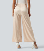 High Waisted Wide Leg Satin Work Trousers with Pockets — Whisper Pink — view 2