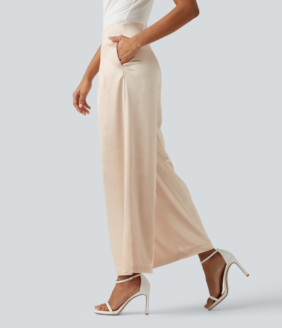 High Waisted Wide Leg Satin Work Trousers with Pockets — Whisper Pink — view 1