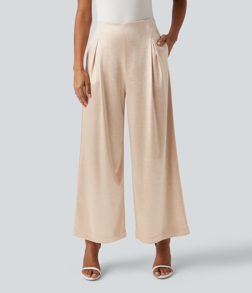 High Waisted Wide Leg Satin Work Trousers with Pockets — Whisper Pink — view 3