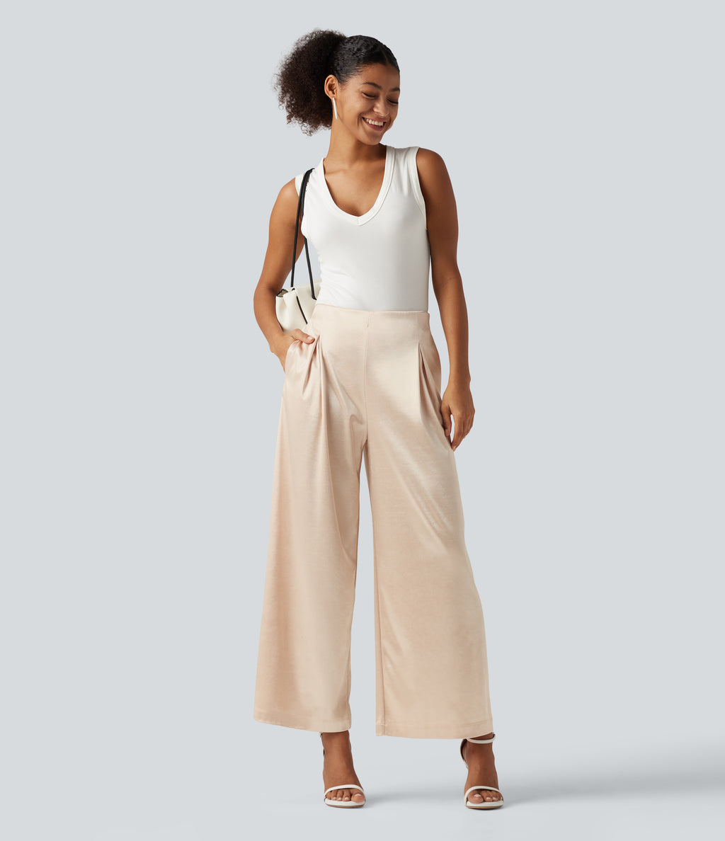 High Waisted Wide Leg Satin Work Trousers with Pockets — Whisper Pink — view 7