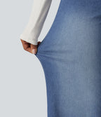 High Waisted Tummy Control Wide Leg Casual Jeans with Pockets — Gulf Stream Blue Denim — view 6
