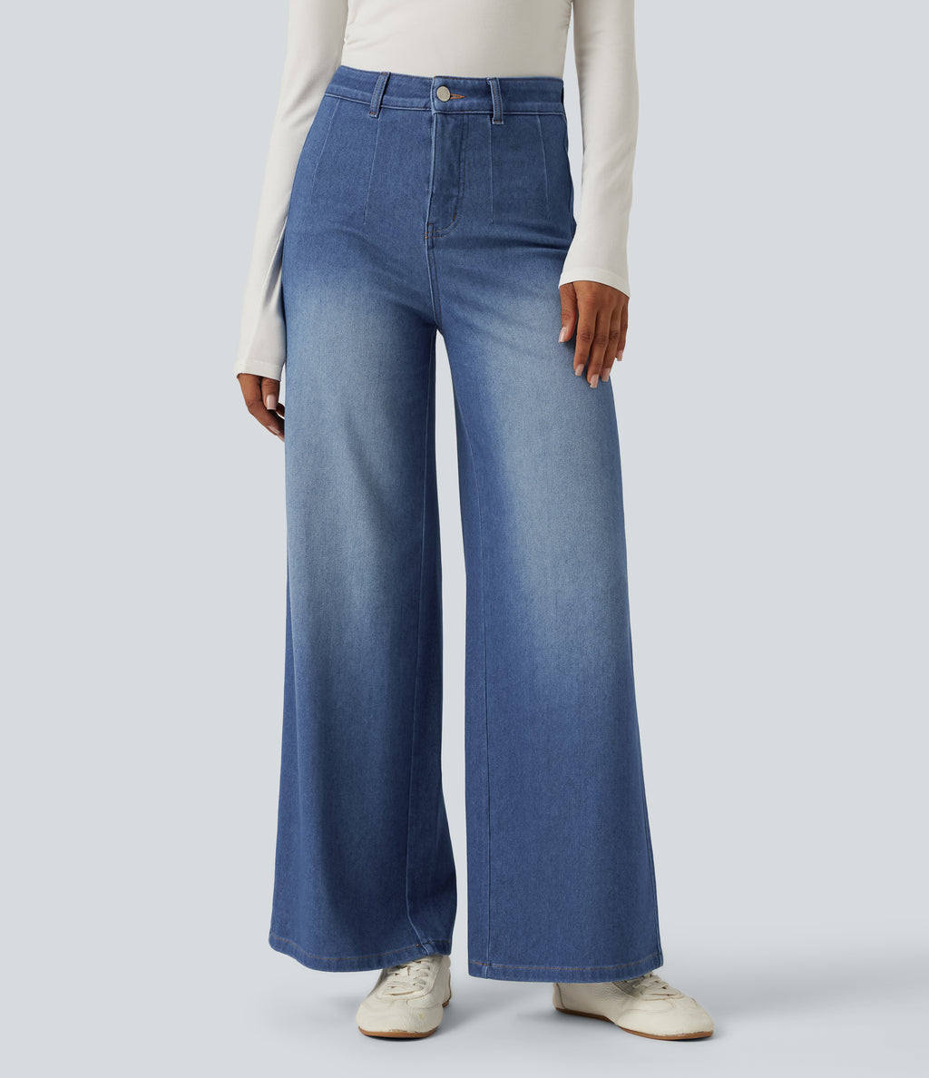 High Waisted Tummy Control Wide Leg Casual Jeans with Pockets — Gulf Stream Blue Denim — view 1